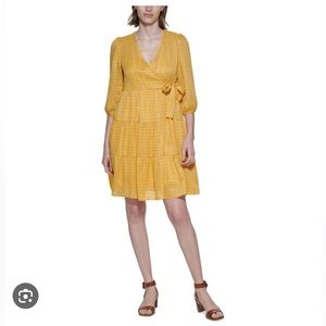 Calvin Klein boho spring party tiered wrap style v neck mini dress yellow gold 8